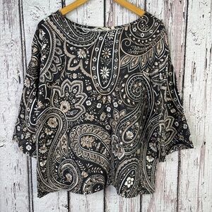 Soft Surroundings Fleur Top Sz Medium Linen Blend Boatneck‎ Paisley Print Blouse
